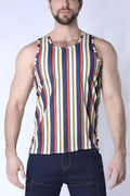 Balboa mesh tank top men’s sleeveless with bold navy blue red and cream vertical stripes in textured mesh fabric