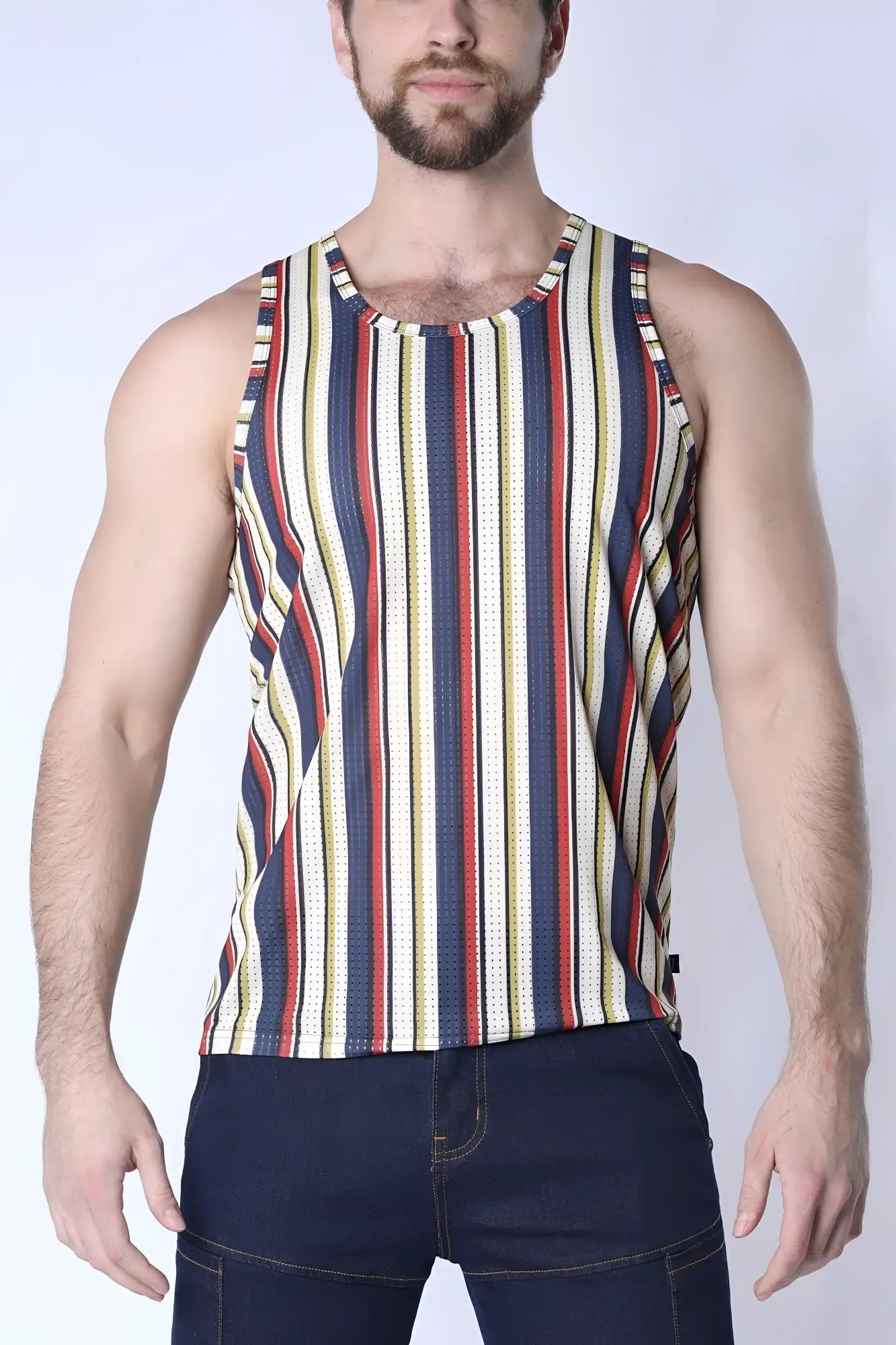 Balboa mesh tank top men’s sleeveless with bold navy blue red and cream vertical stripes in textured mesh fabric