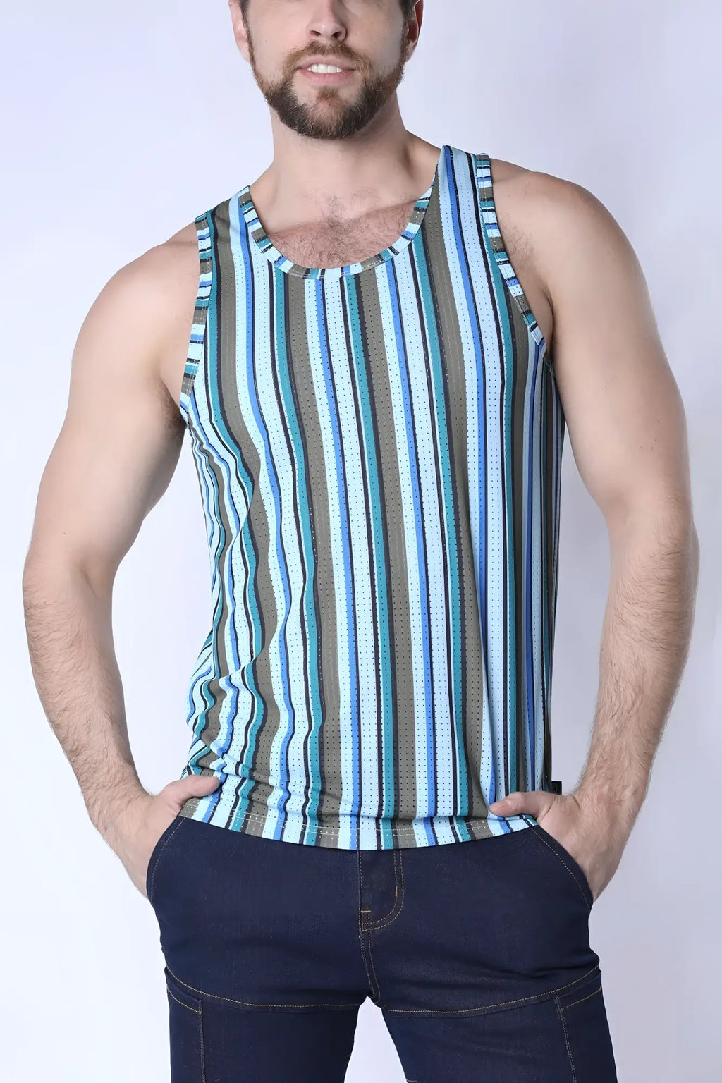 A men’s sleeveless balboa mesh tank top with vertical stripes in blue teal and gray featuring breathable mesh texture