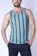 A men’s sleeveless balboa mesh tank top with vertical stripes in blue teal and gray featuring breathable mesh texture