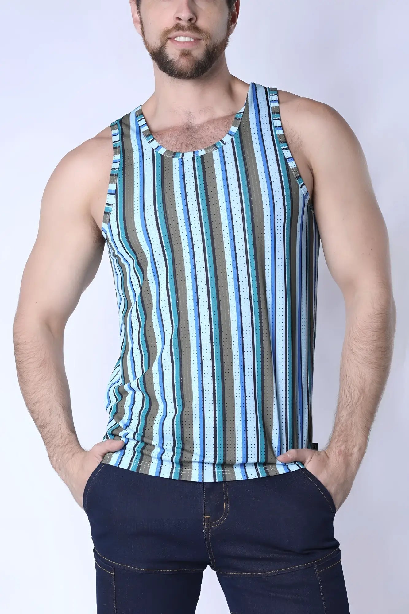 A men’s sleeveless balboa mesh tank top with vertical stripes in blue teal and gray featuring breathable mesh texture