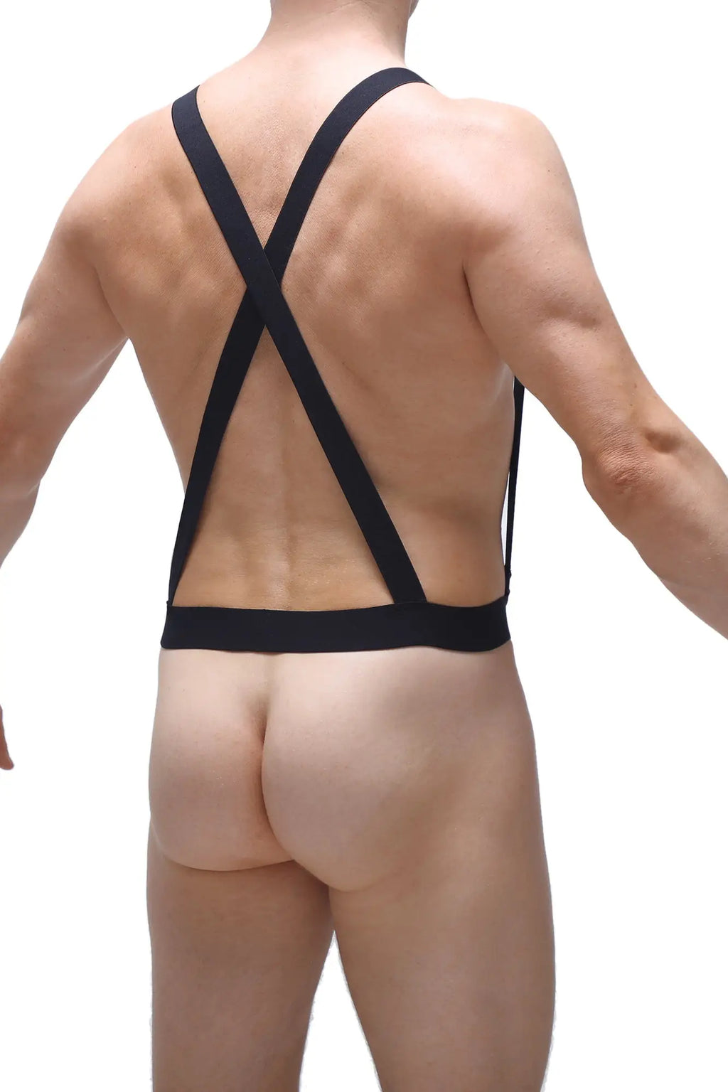 Black cross-back strappy bodysuit showing the back of ball-lifter bretelles with adjustable straps