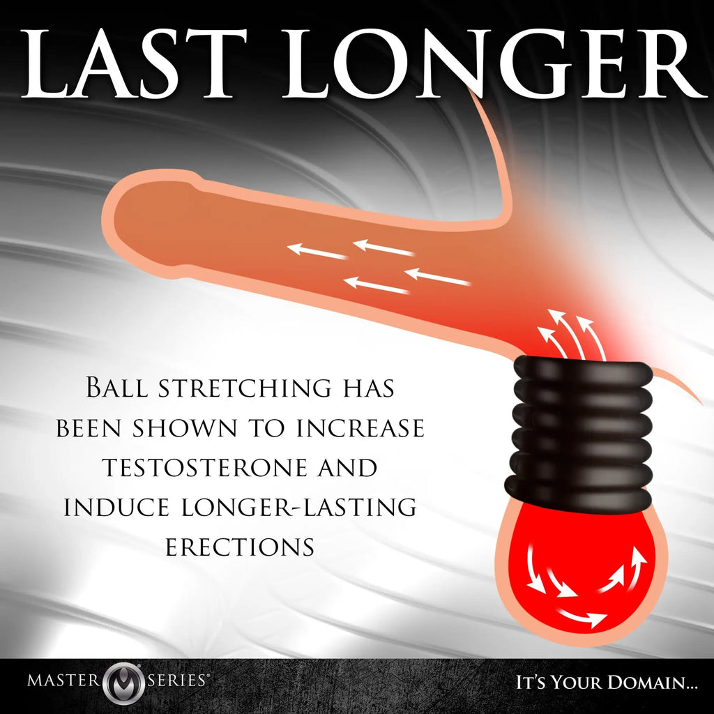 Black coiled ball stack ball stretcher with red bulbous base branded as master series for enhanced comfort and durability