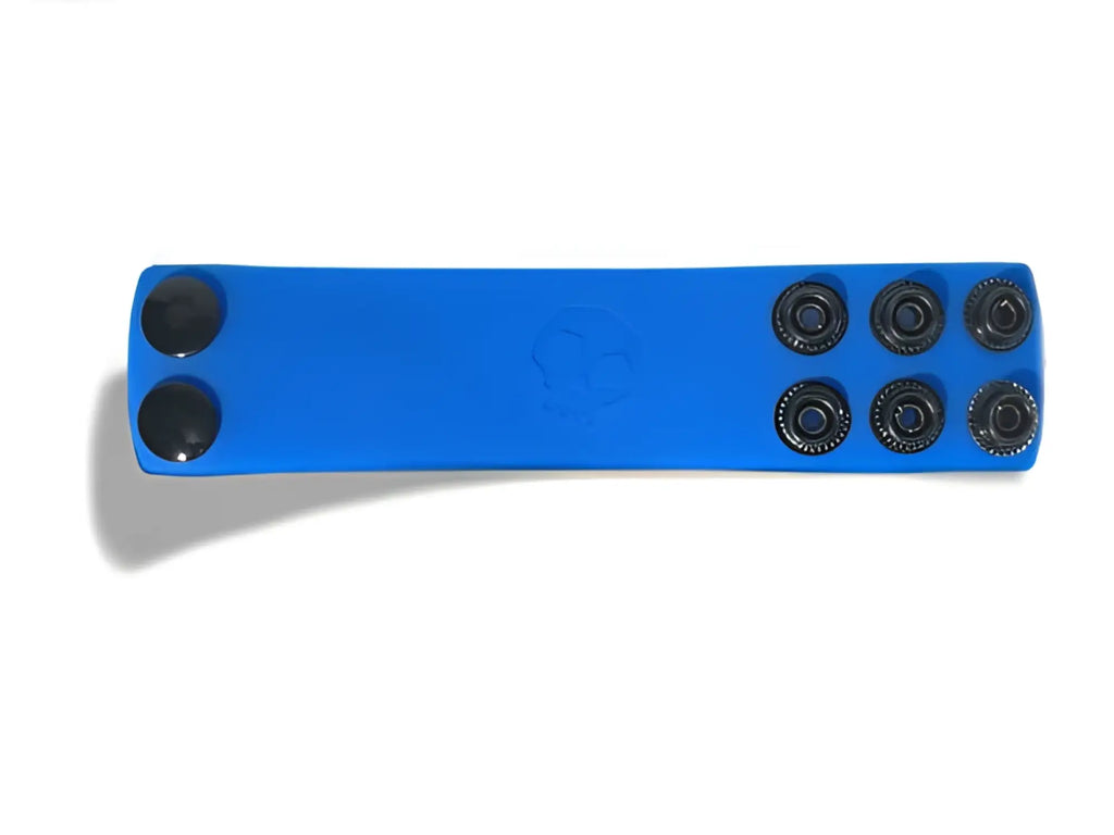 Blue silicone ball strap wristband with six black snap buttons arranged in two rows