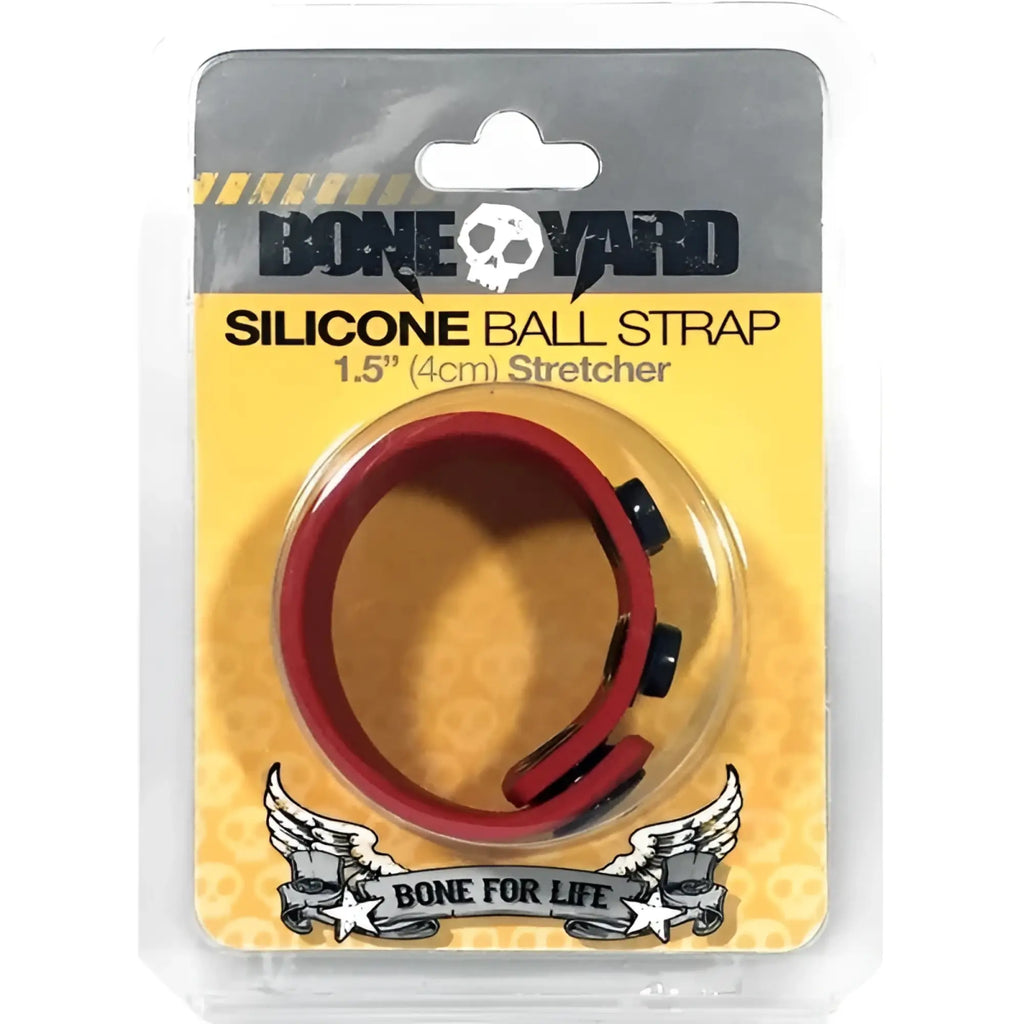 Red silicone ball strap with black adjustable clasp packaged in Bone Yard branded blister pack