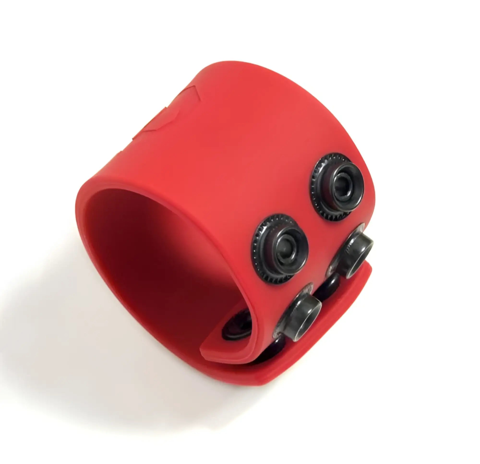 Red silicone ball strap wristband featuring black metal snap buttons for secure fit and durability