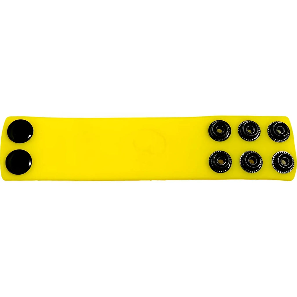 Bright yellow silicone ball strap with six black snap buttons arranged in two rows for adjustable wear