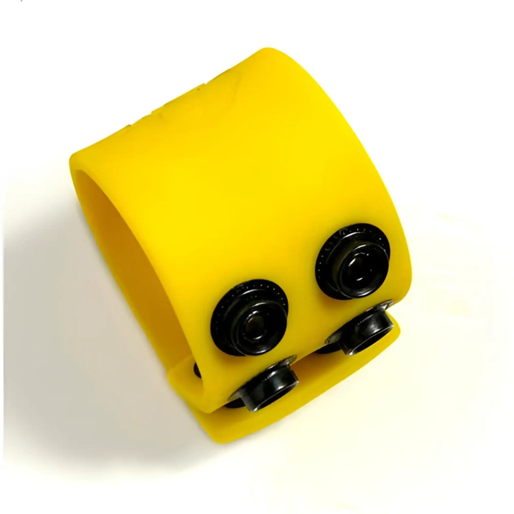 Bright yellow ball strap silicone wristband with two black snap buttons on the front for secure fit