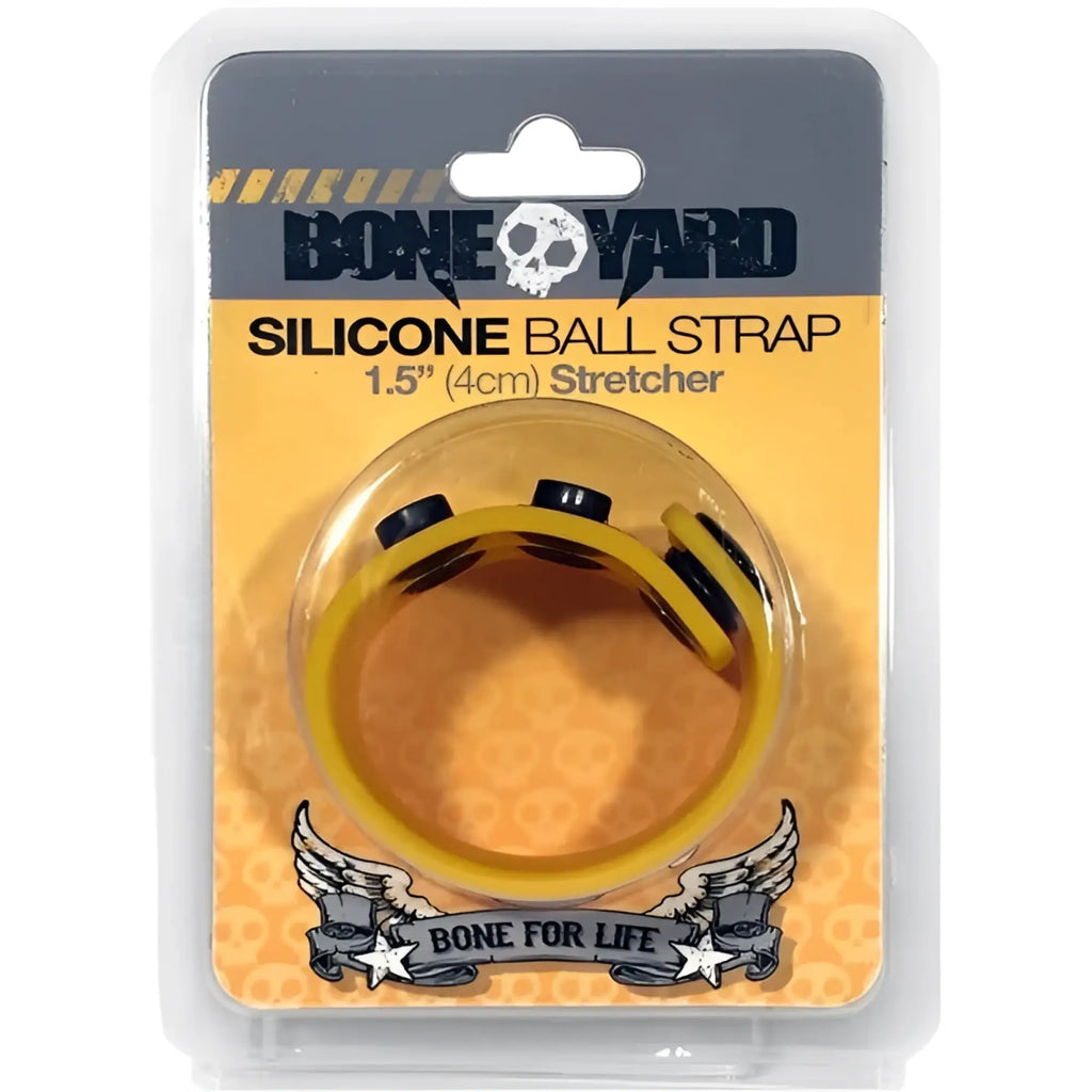 Yellow silicone ball strap with black rubberized ends branded as bone yard for secure ball attachment