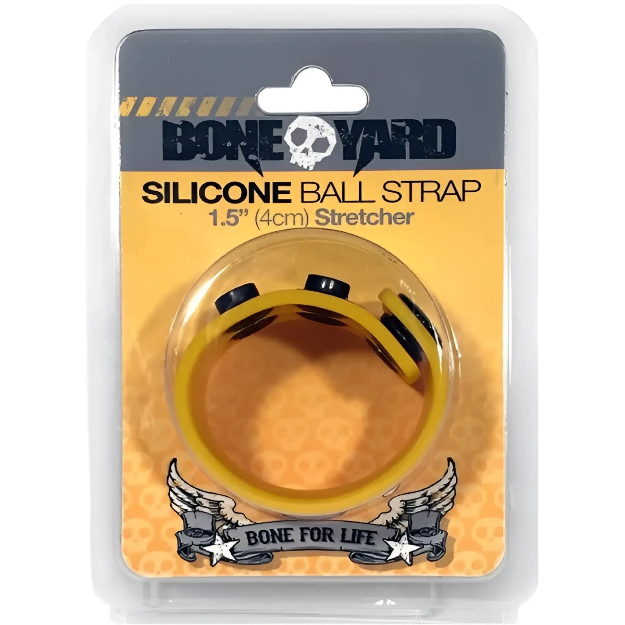 Yellow silicone ball strap with black rubberized ends branded as bone yard for secure ball attachment