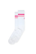 White athletic high socks with two pink stripes and small embroidered logo called banded high socks strawberry stripes