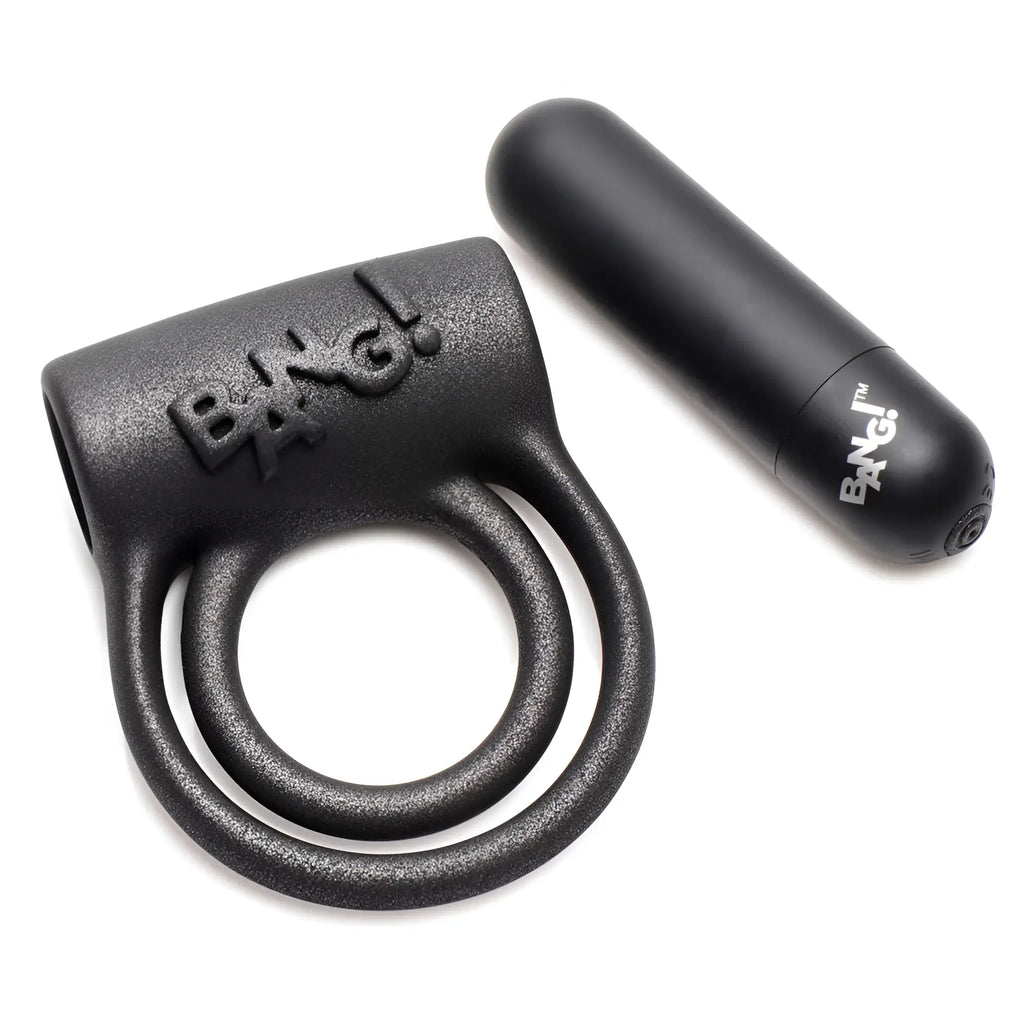 Bang 25X black silicone vibrating cock ring with a matching remote control, both featuring the Bang! logo.