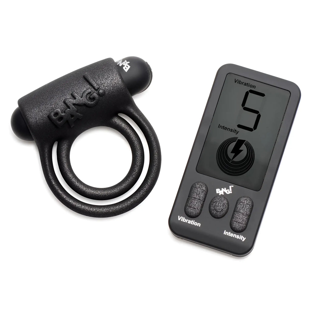 Black Bang 25X silicone vibrating cock ring and matching digital remote control on a white background.