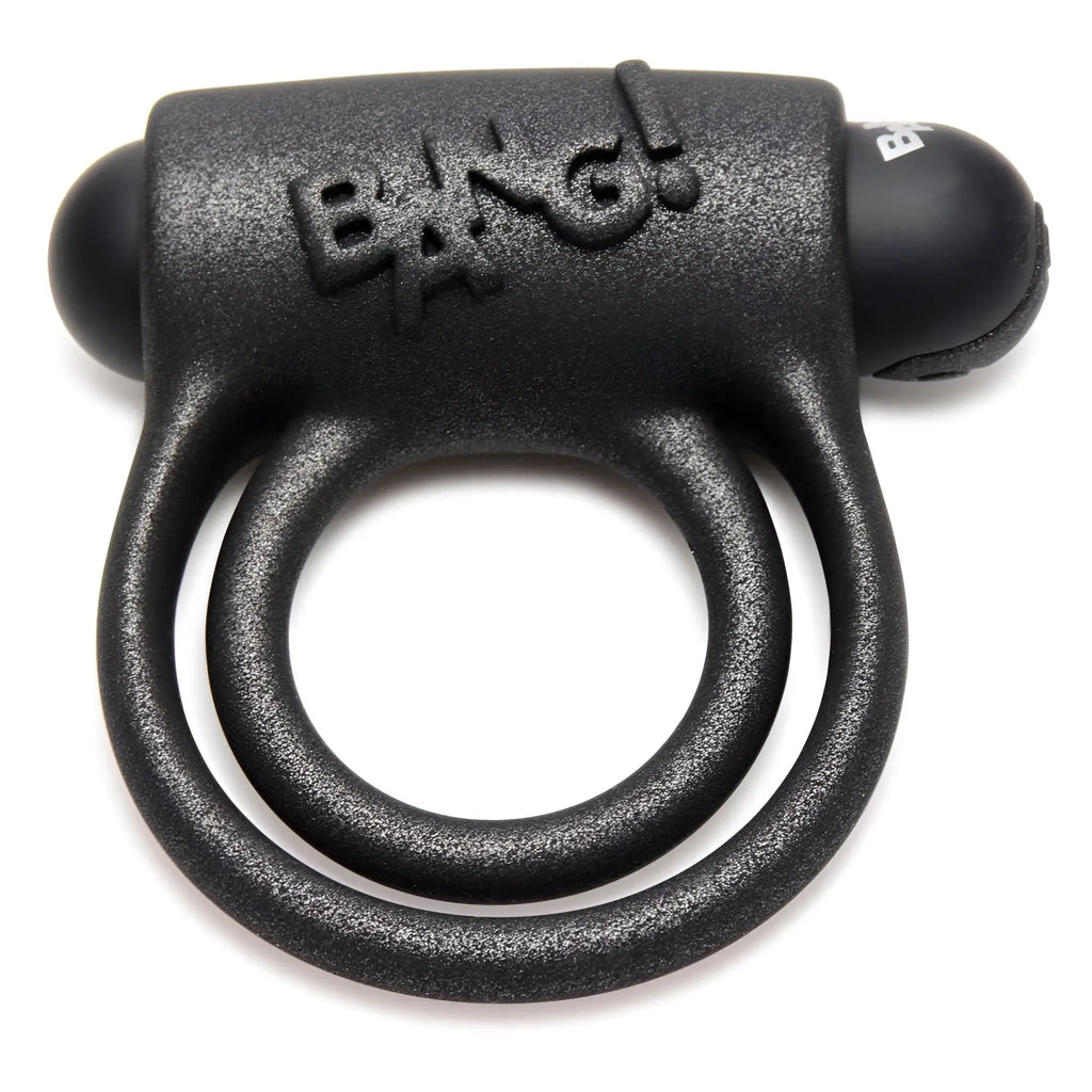 Bang 25X black textured silicone cock ring with remote control, featuring a prominent "BANG!" logo on the front.