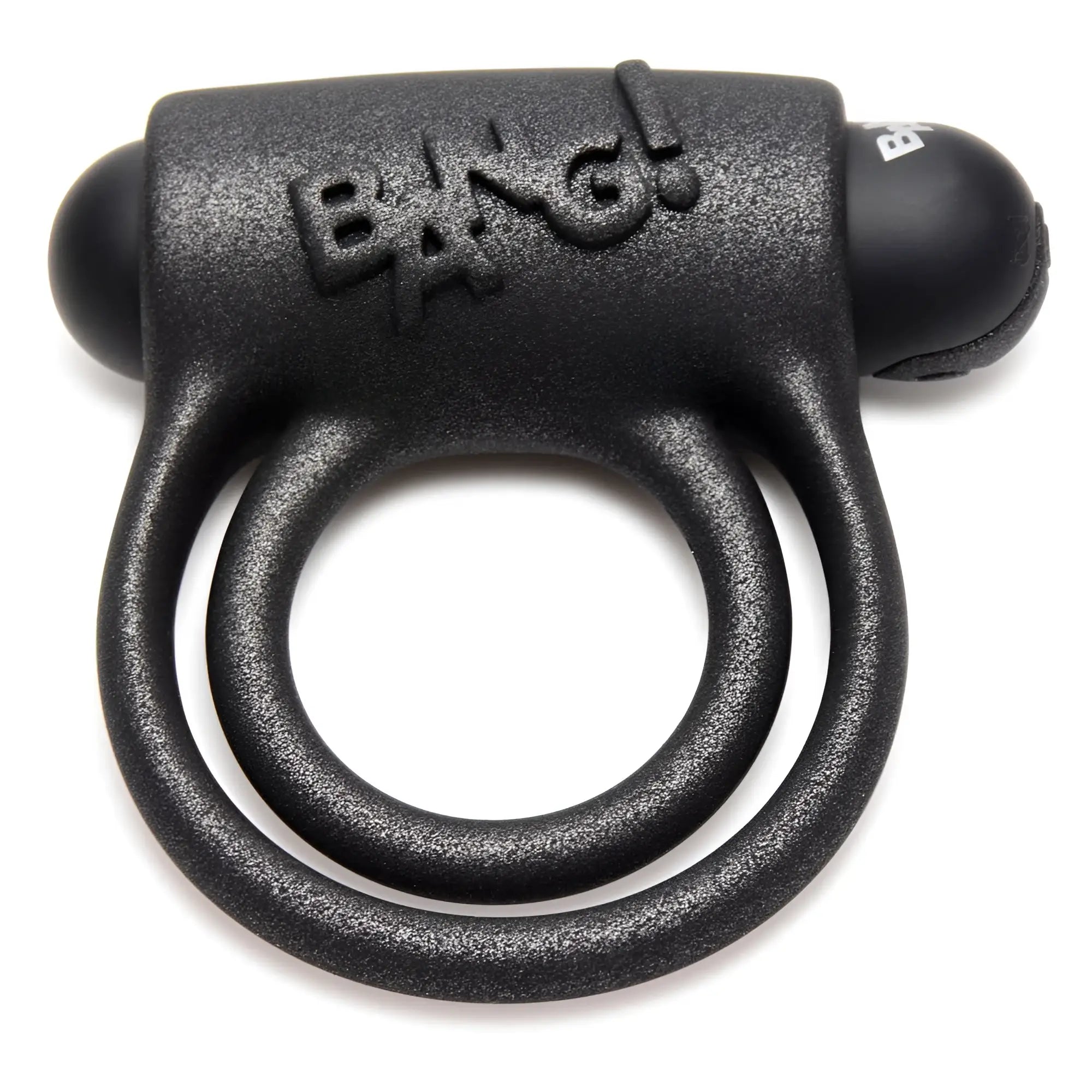Bang 25X black textured silicone cock ring with remote control, featuring a prominent "BANG!" logo on the front.