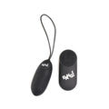 Black Bang 28X nubbed silicone vibrating egg with a pull cord and a matching remote control on a white background.