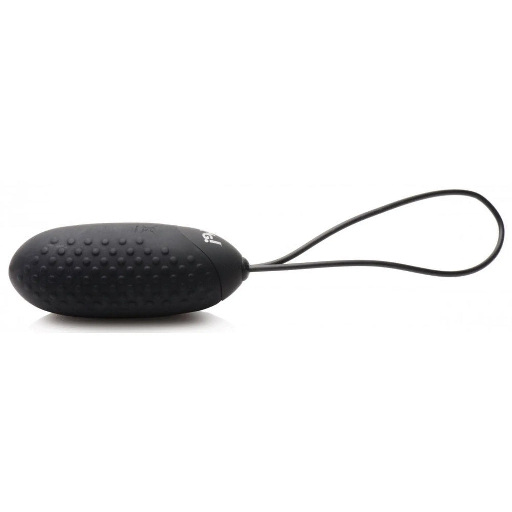 Black Bang 28X silicone vibrating egg featuring a textured, nubbed surface and an attached pull cord.