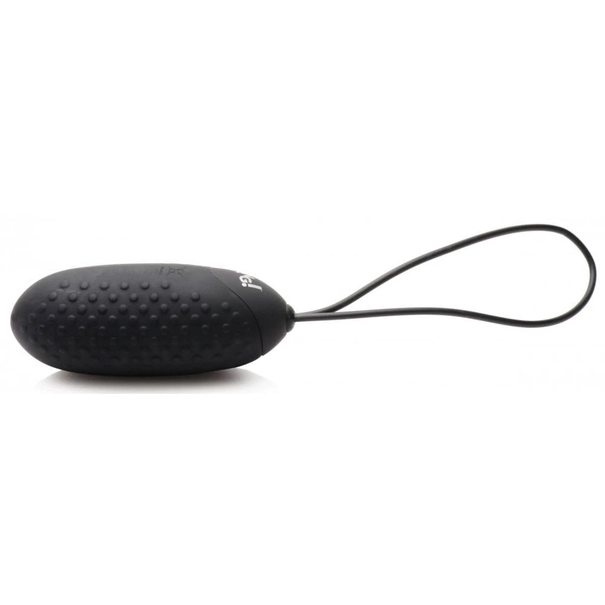 Black Bang 28X silicone vibrating egg featuring a textured, nubbed surface and an attached pull cord.