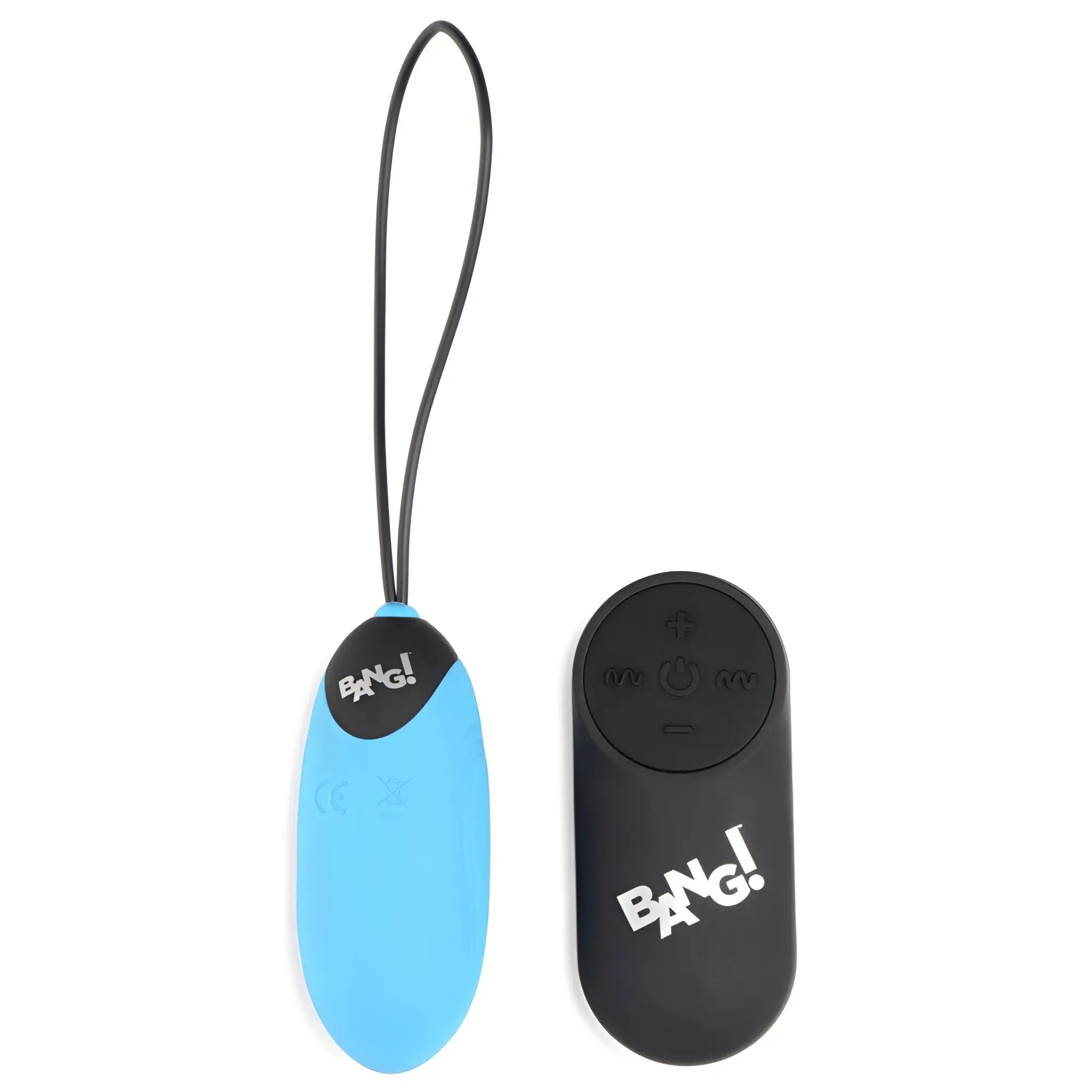 Bang 28X blue silicone vibrating egg with black tether and matching black remote control on a white background.