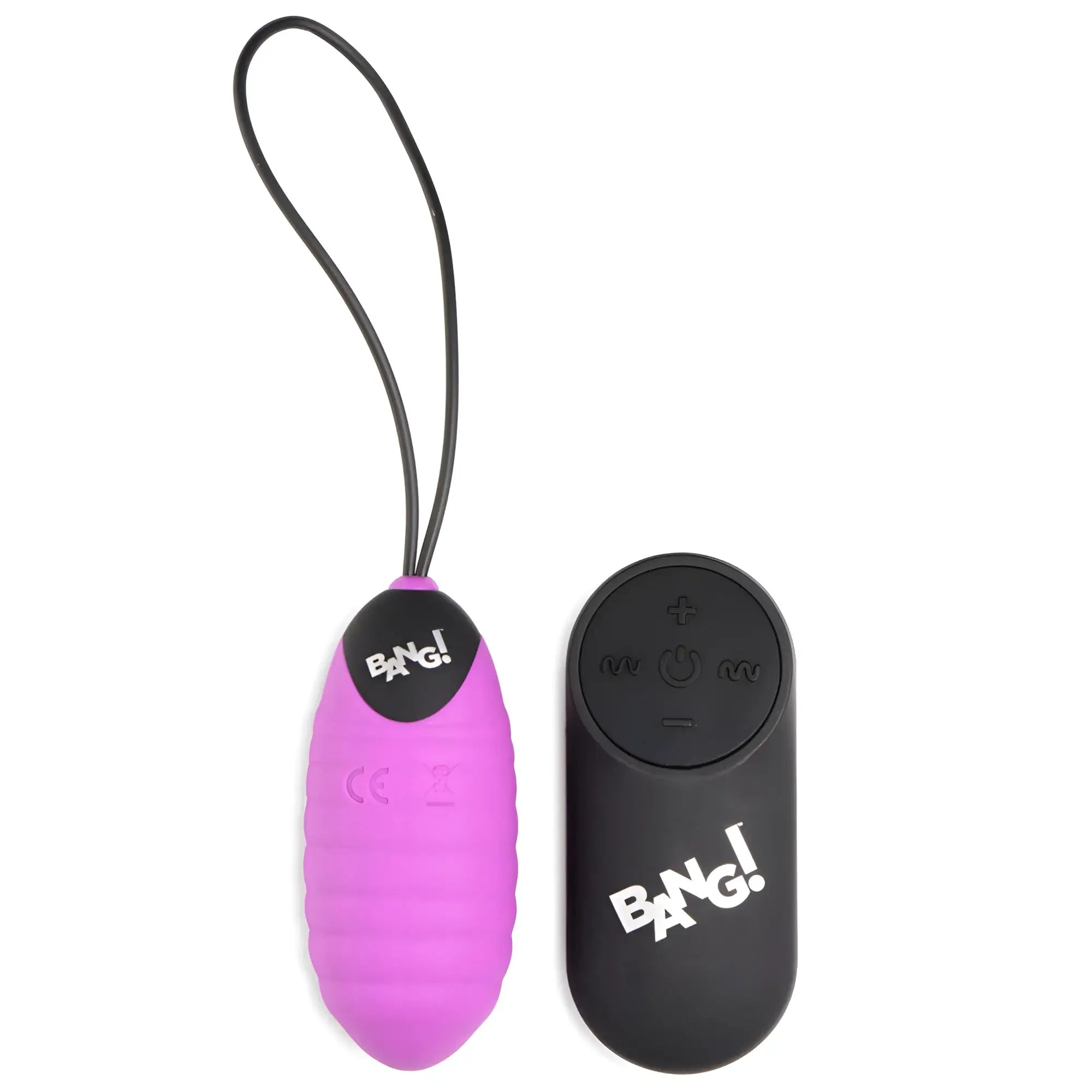Bang 28X purple nubbed silicone vibrating egg with a black remote control on a white background.
