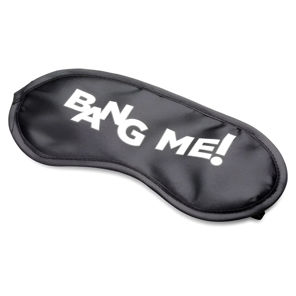 Black sleep mask with the text "BANG ME!" in white, included in the Bang Backdoor Adventure 3-Piece Butt Plug Kit.