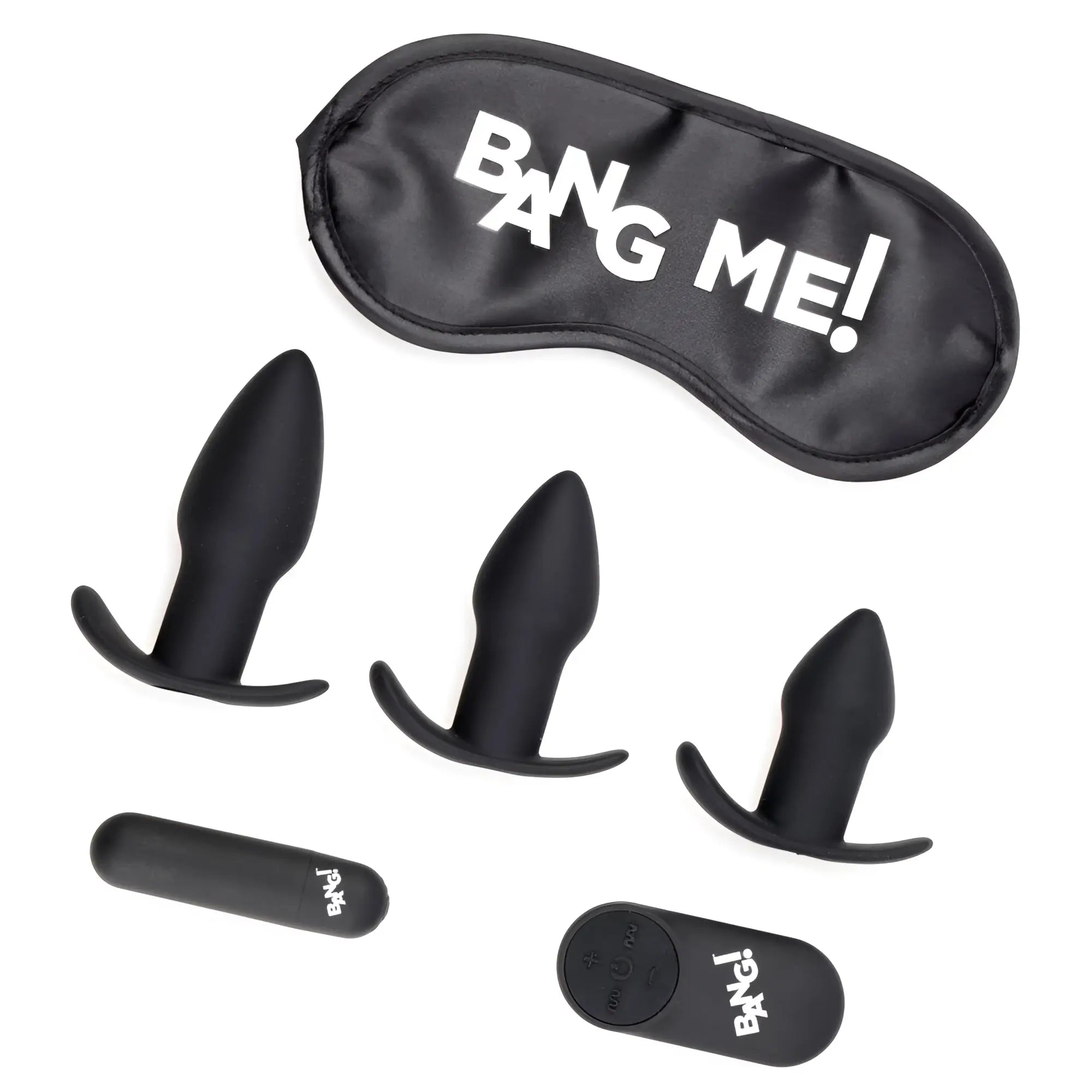 Bang Backdoor Adventure kit with three black silicone butt plugs, a matching remote, and a "BANG ME!" sleep mask.