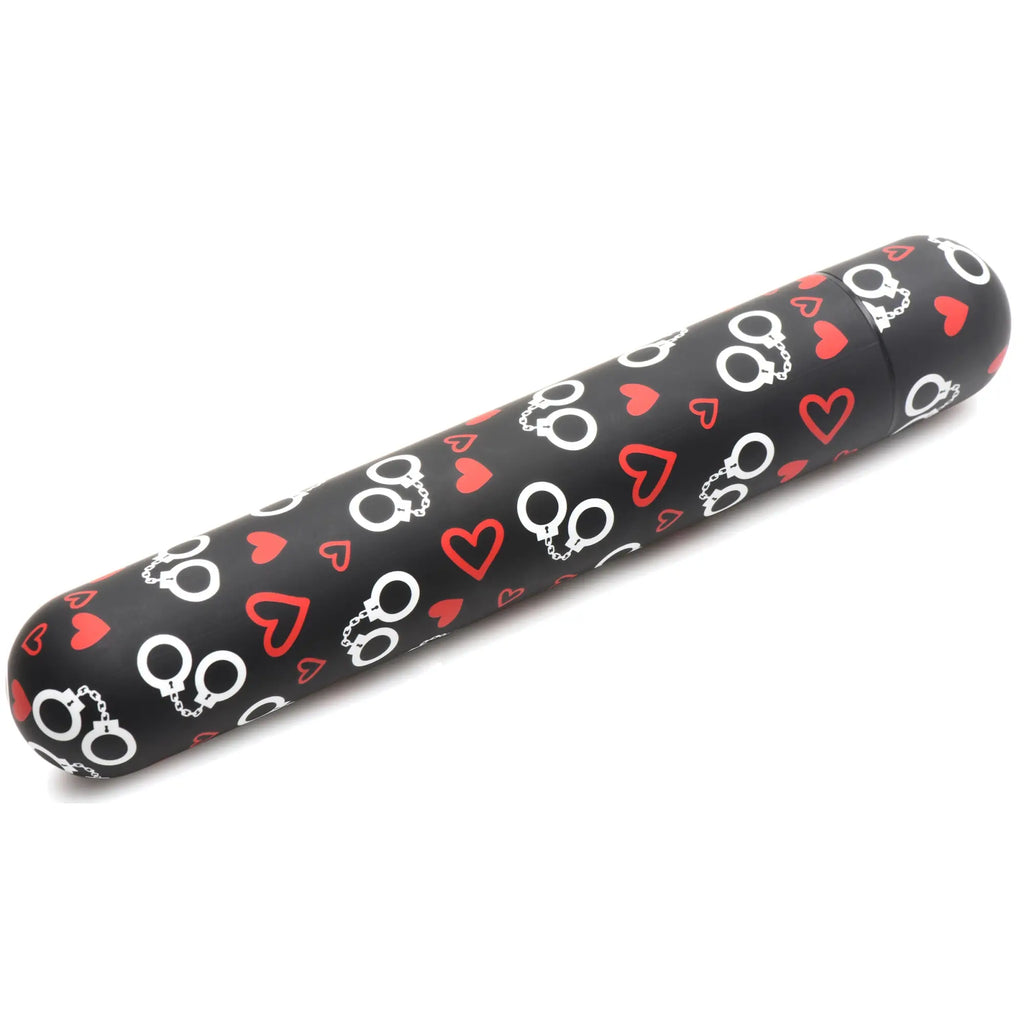 Black cylindrical vibrator with red heart and white handcuff pattern from the BANG Bondage Kit