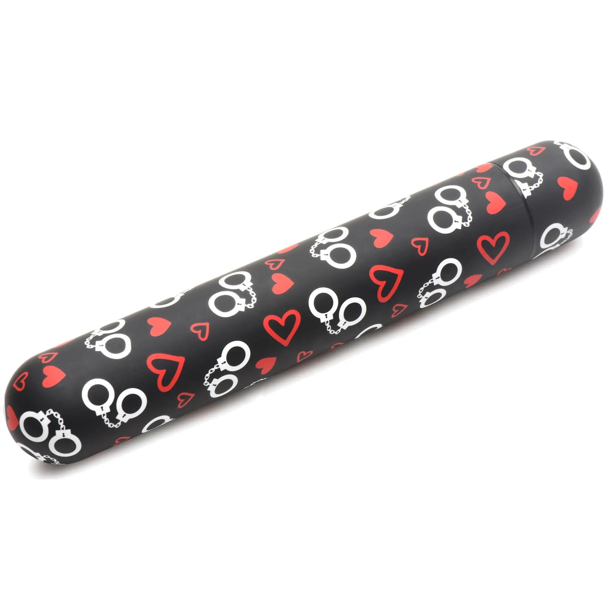 Black cylindrical vibrator with red heart and white handcuff pattern from the BANG Bondage Kit