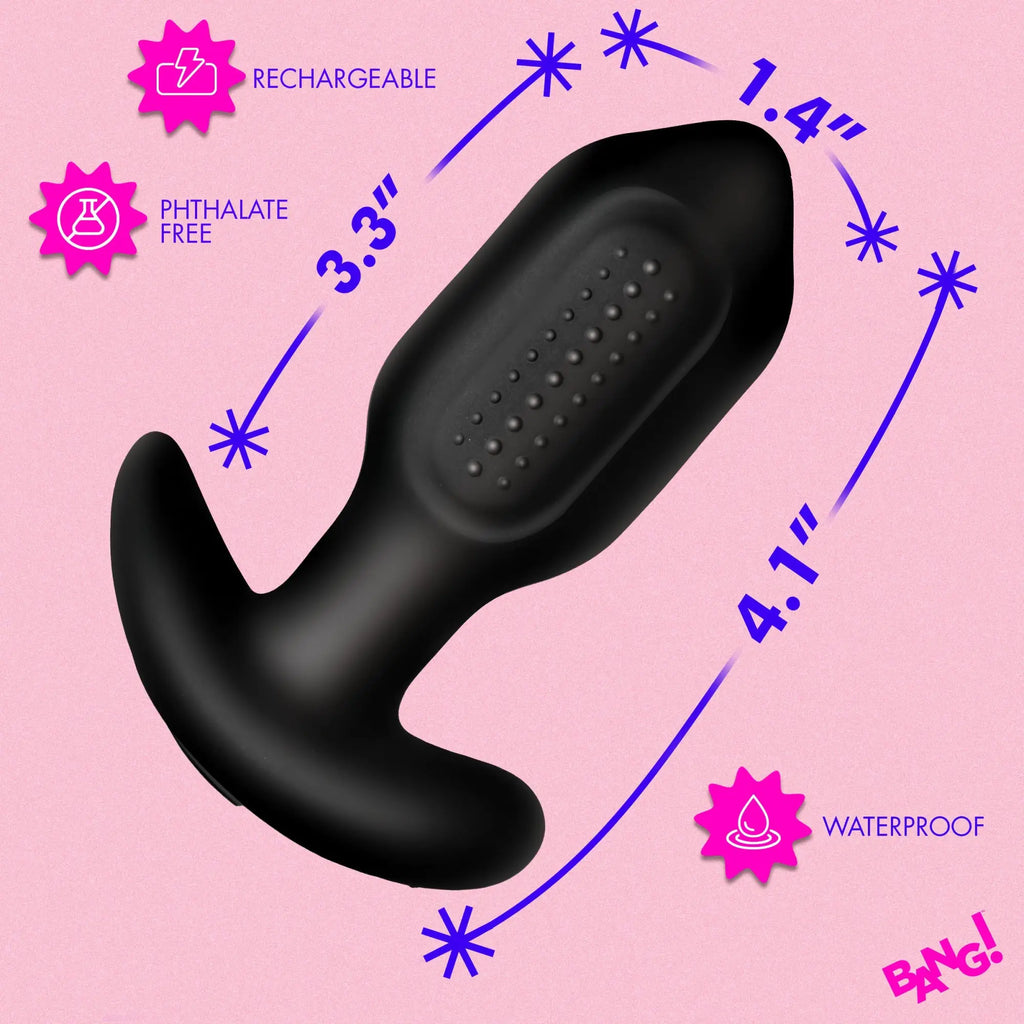 Black Bang Bumpy Vibrating Silicone Butt Plug with textured side and dimensions shown against a pink background.