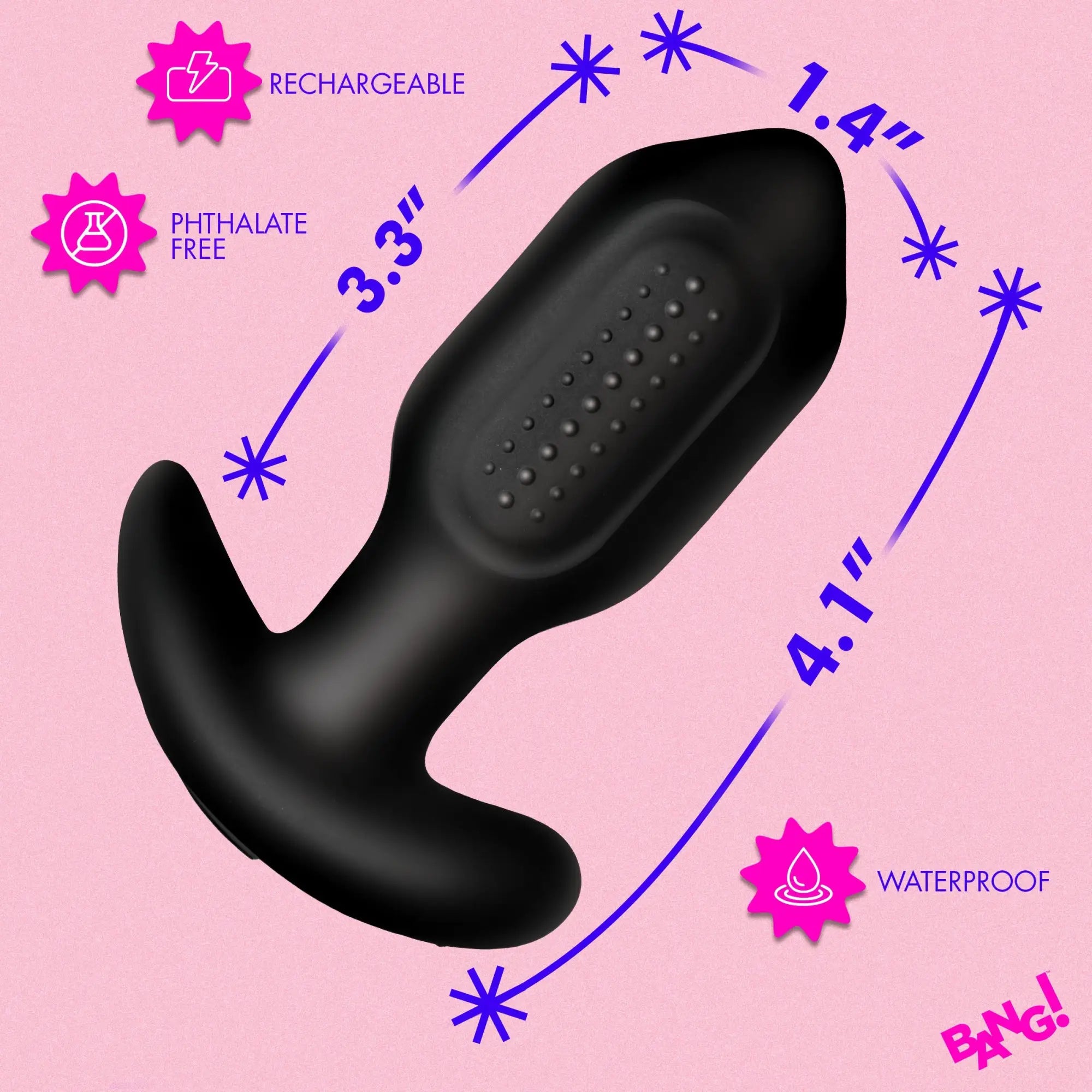 Black Bang Bumpy Vibrating Silicone Butt Plug with textured side and dimensions shown against a pink background.