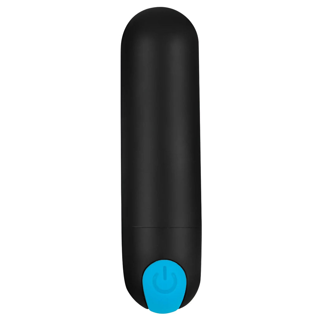 Bang Duo Blast black bullet vibrator featuring a smooth cylindrical shape and a blue power button at the base.