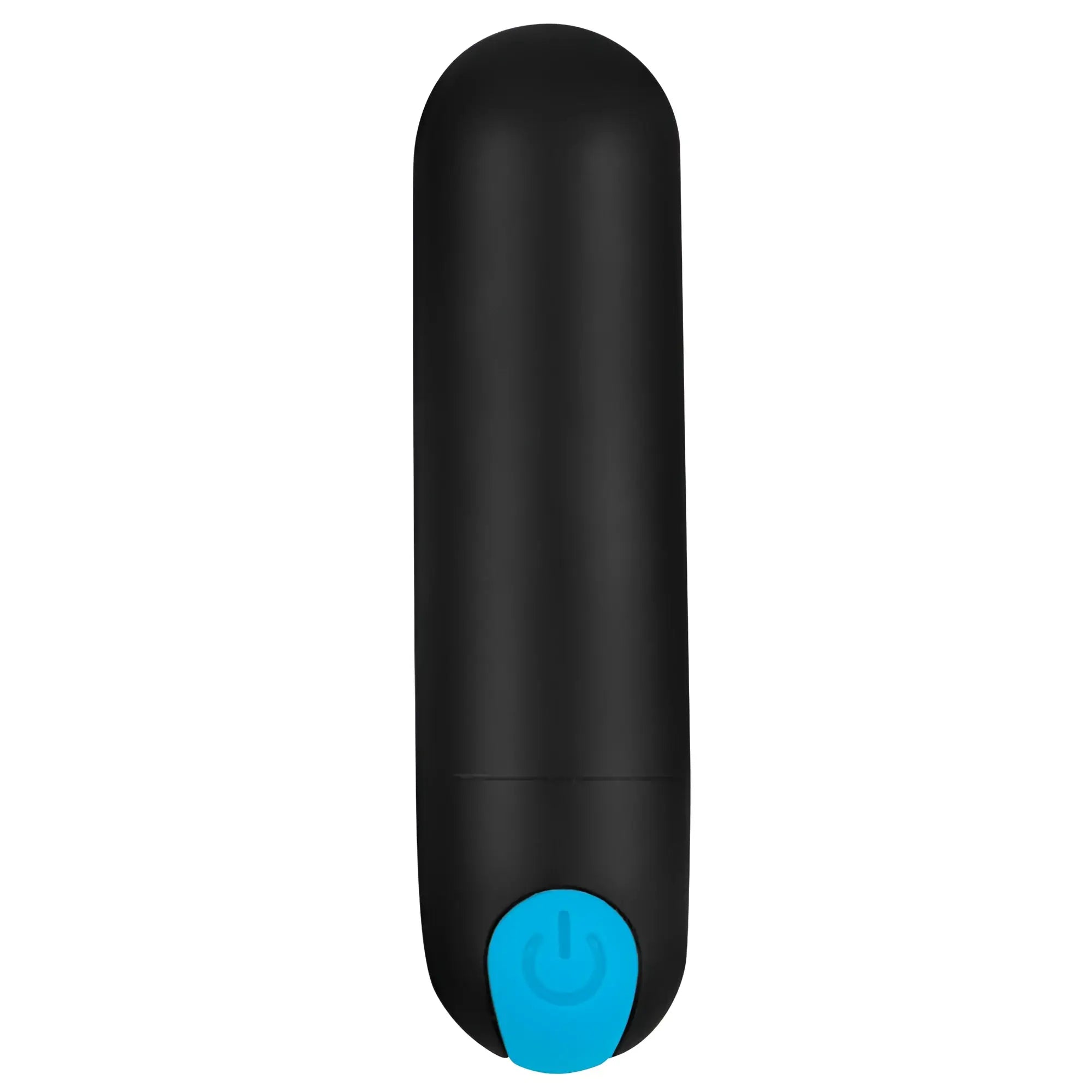 Bang Duo Blast black bullet vibrator featuring a smooth cylindrical shape and a blue power button at the base.