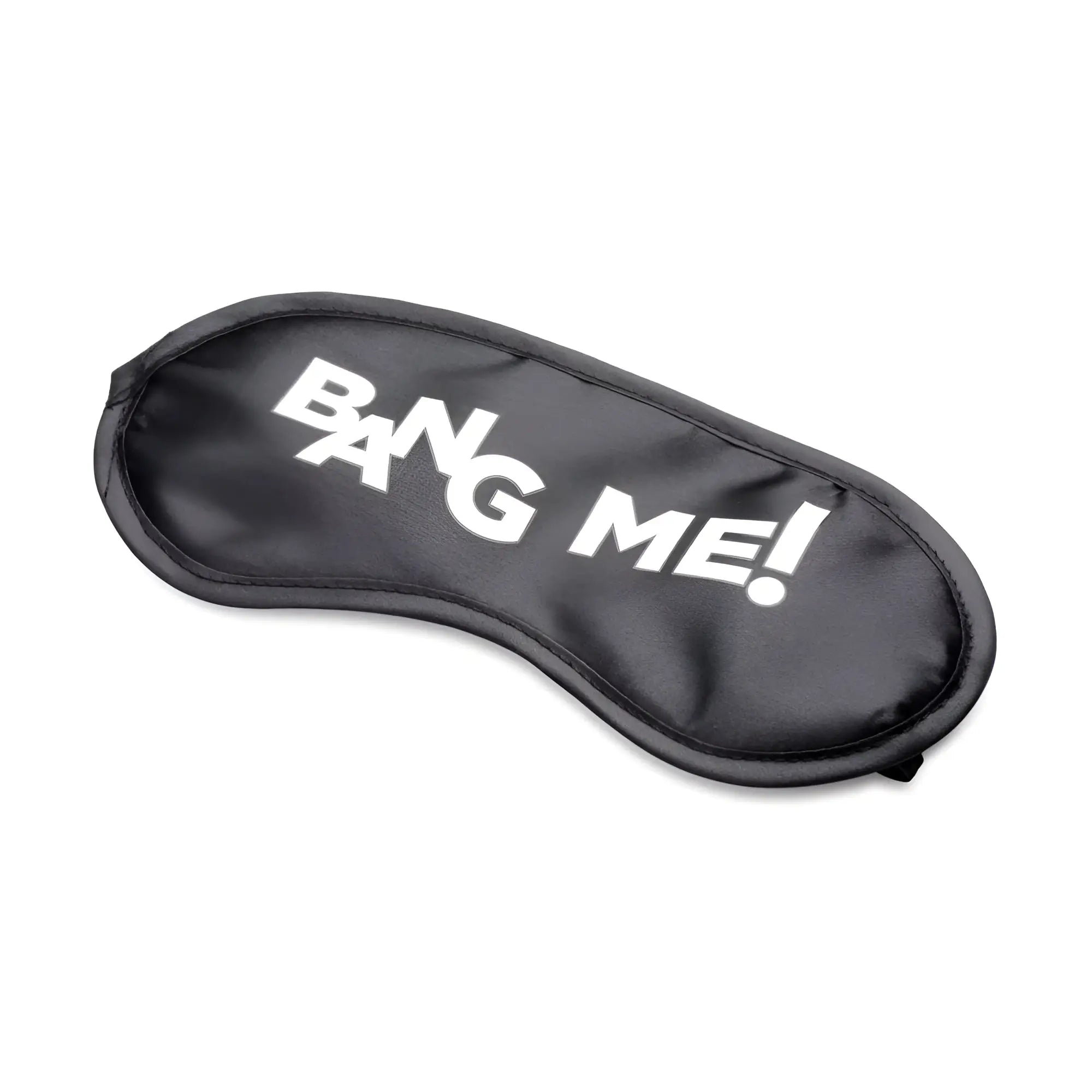 Black satin sleep mask with white "BANG ME!" text, included with the Bang Duo Blast remote control vibration kit.