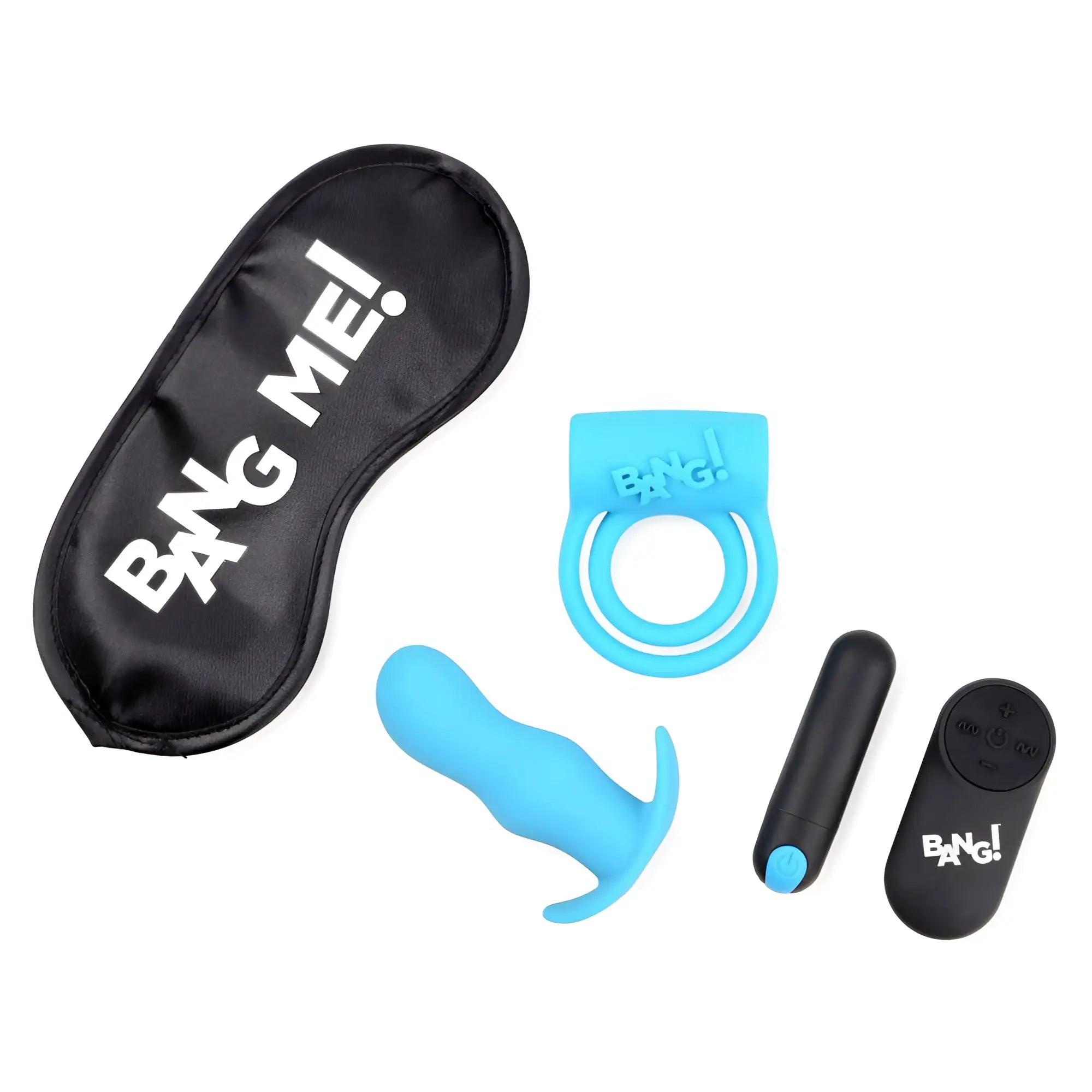 Bang Duo Blast kit: blue silicone cock ring, butt plug, bullet vibrator, black remote, and "BANG ME!" silk sleep mask.