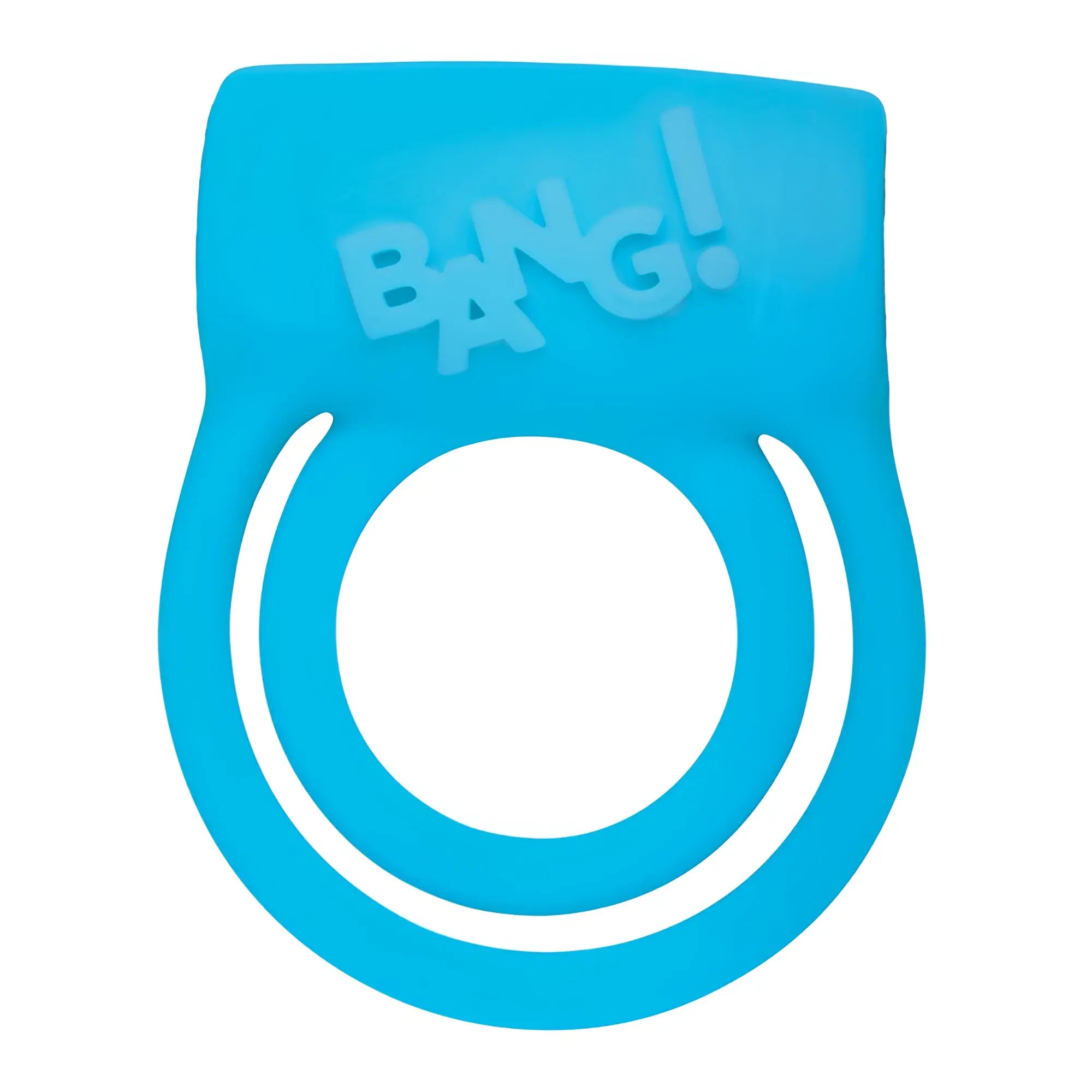 Bright blue Bang Duo Blast cock ring with "BANG!" embossed on the top band.