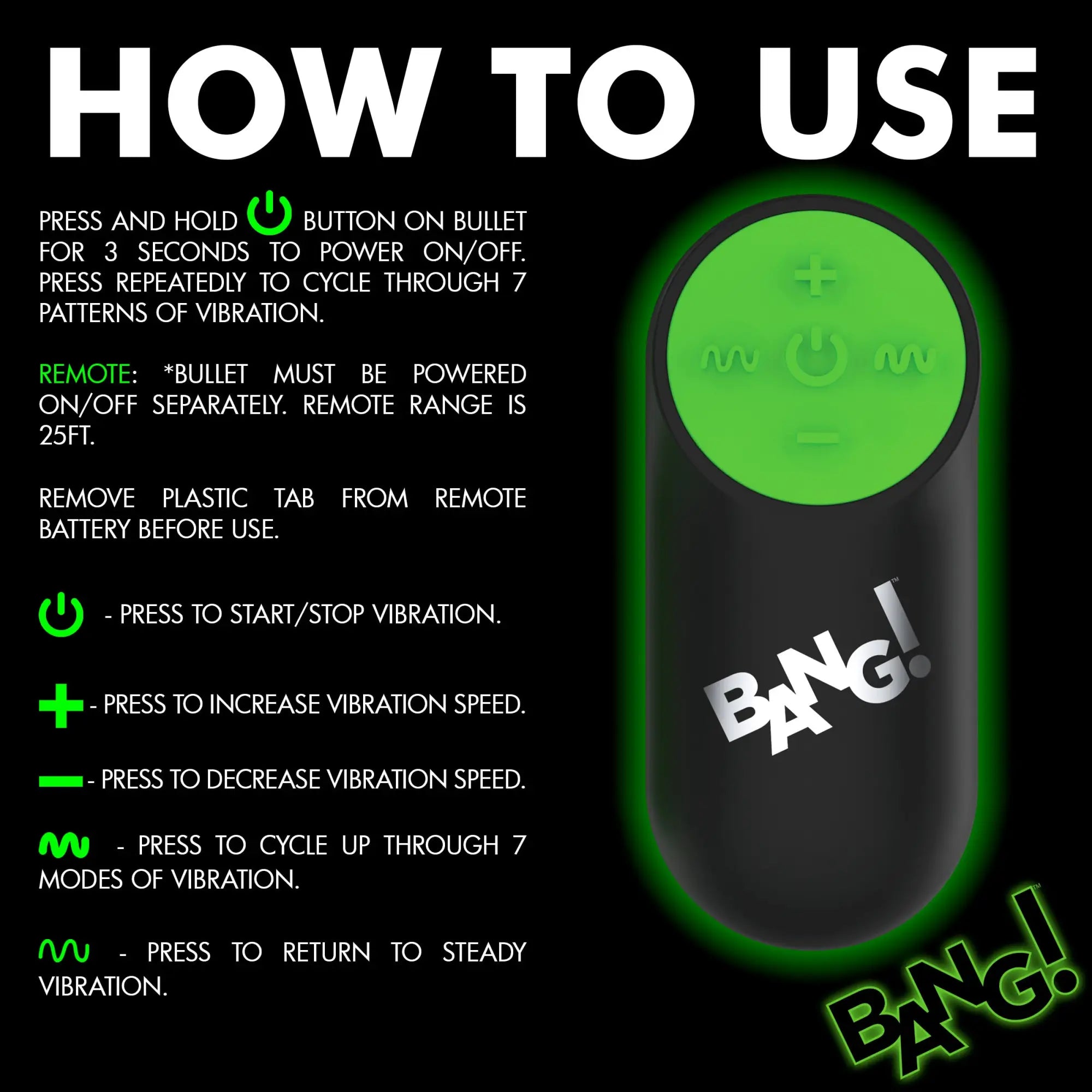 Bang Glow-in-the-Dark Silicone Butt Plug: Instructions showing the remote with green light and button functions.