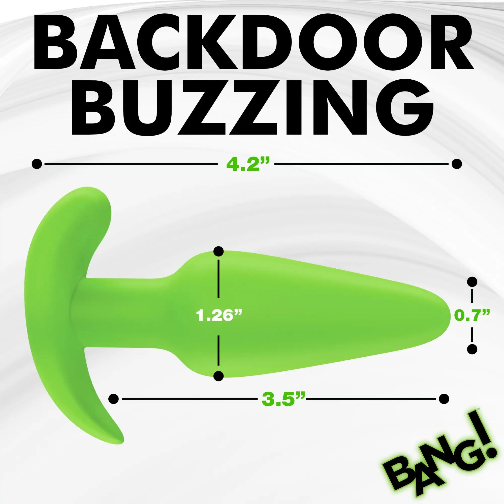 Bright green Bang glow-in-the-dark silicone butt plug with dimensions labeled on a white background.