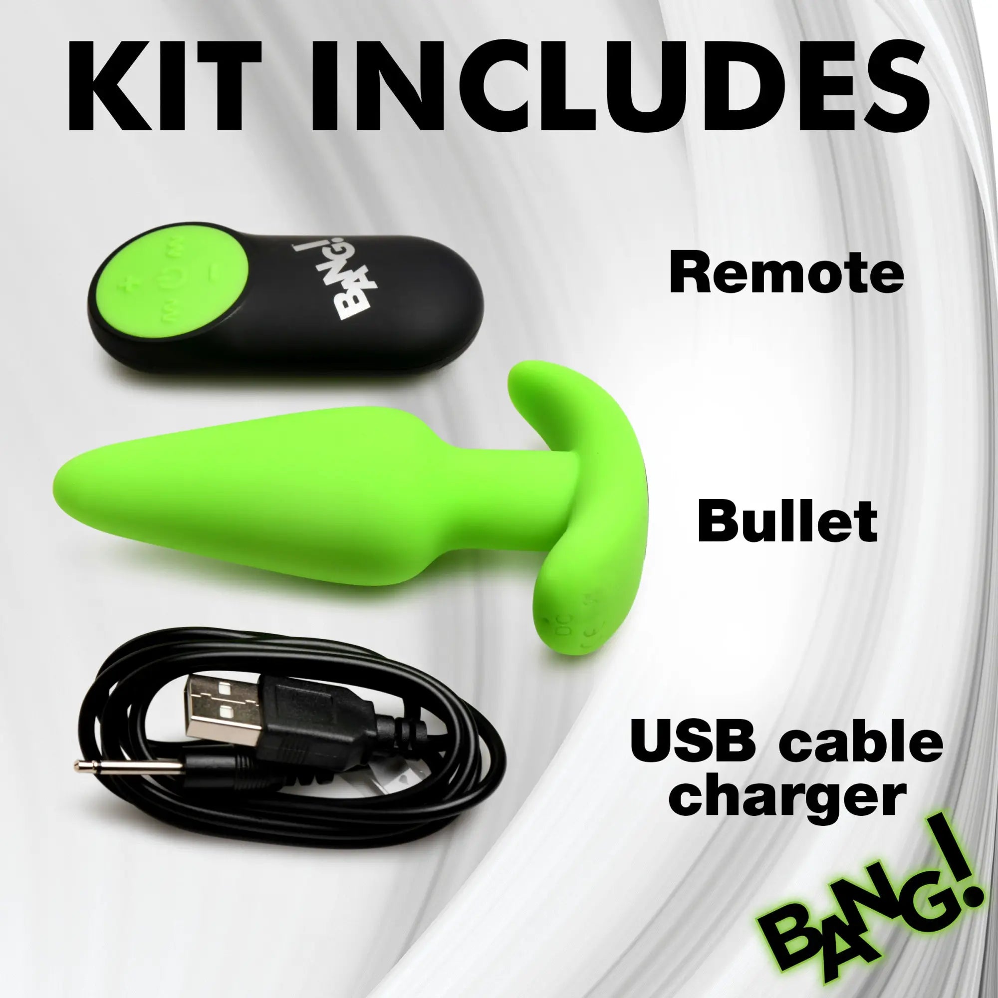 Bang Glow-in-the-Dark Silicone Butt Plug kit includes a bright green plug, black remote control, and USB charging cable.
