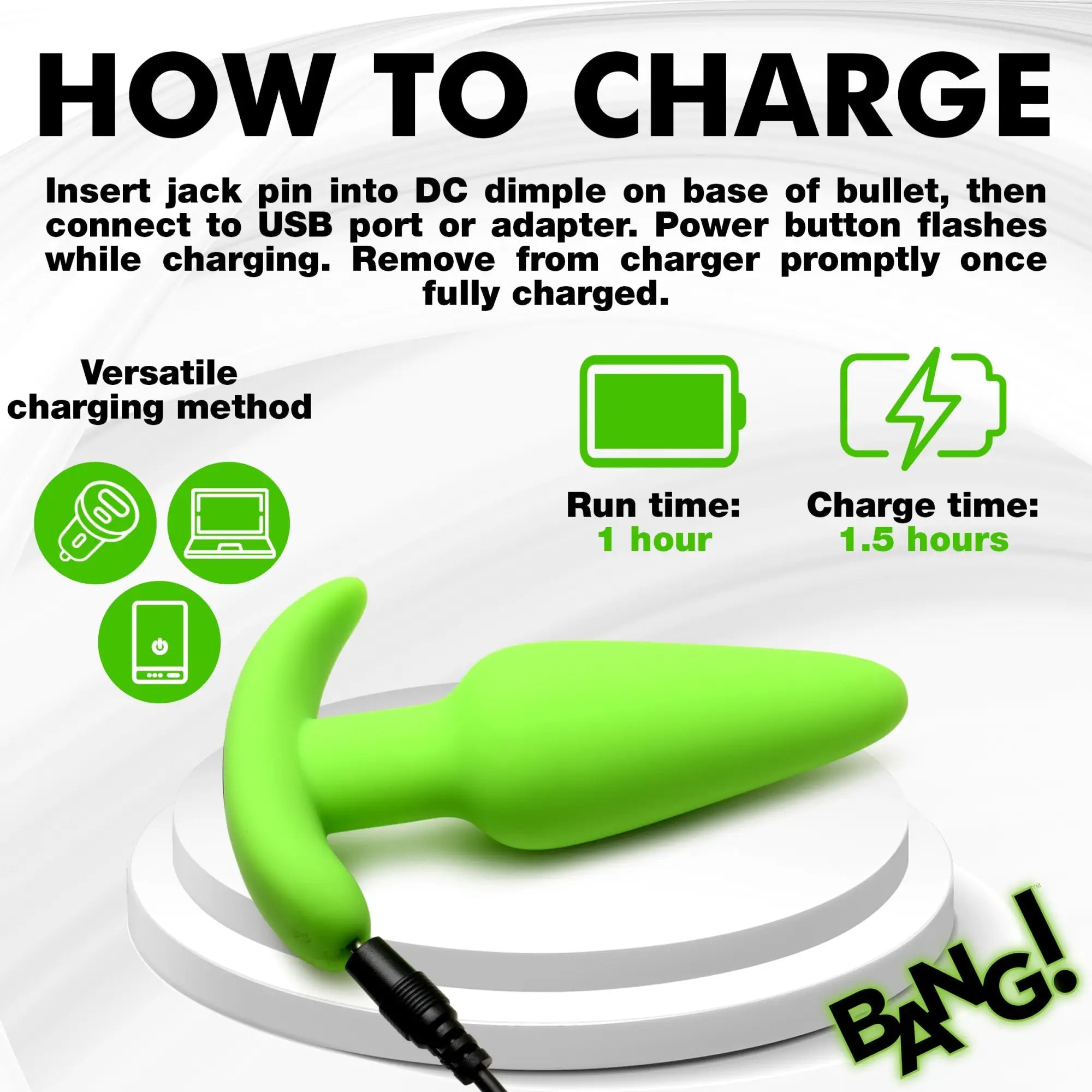 Bang glow-in-the-dark silicone butt plug with T-shaped handle, shown in lime green on a charging base.
