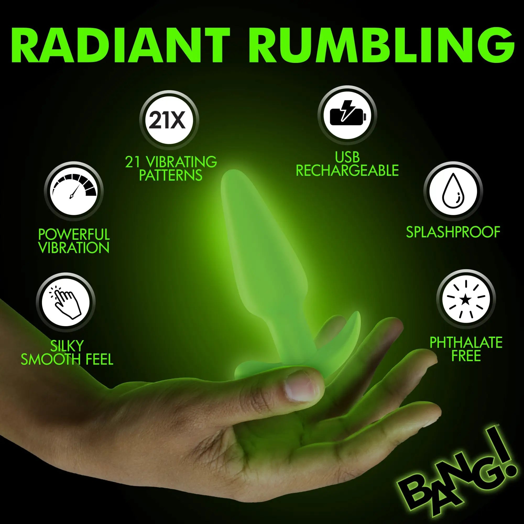 A hand holding a glowing green Bang silicone butt plug, surrounded by icons highlighting its features on a black background.