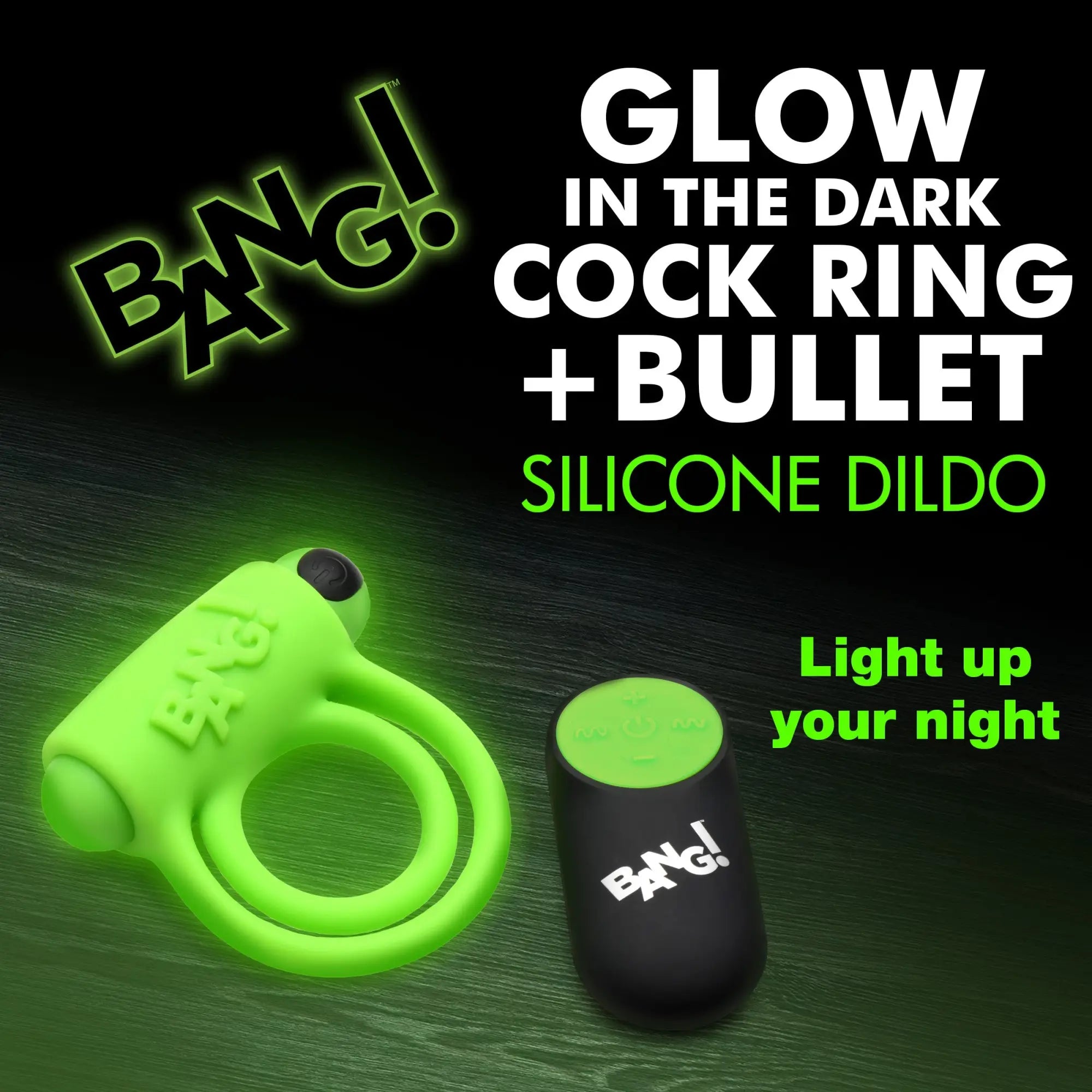 Bang Glow-in-the-Dark silicone vibrating cock ring and black remote, displayed against a dark green background.