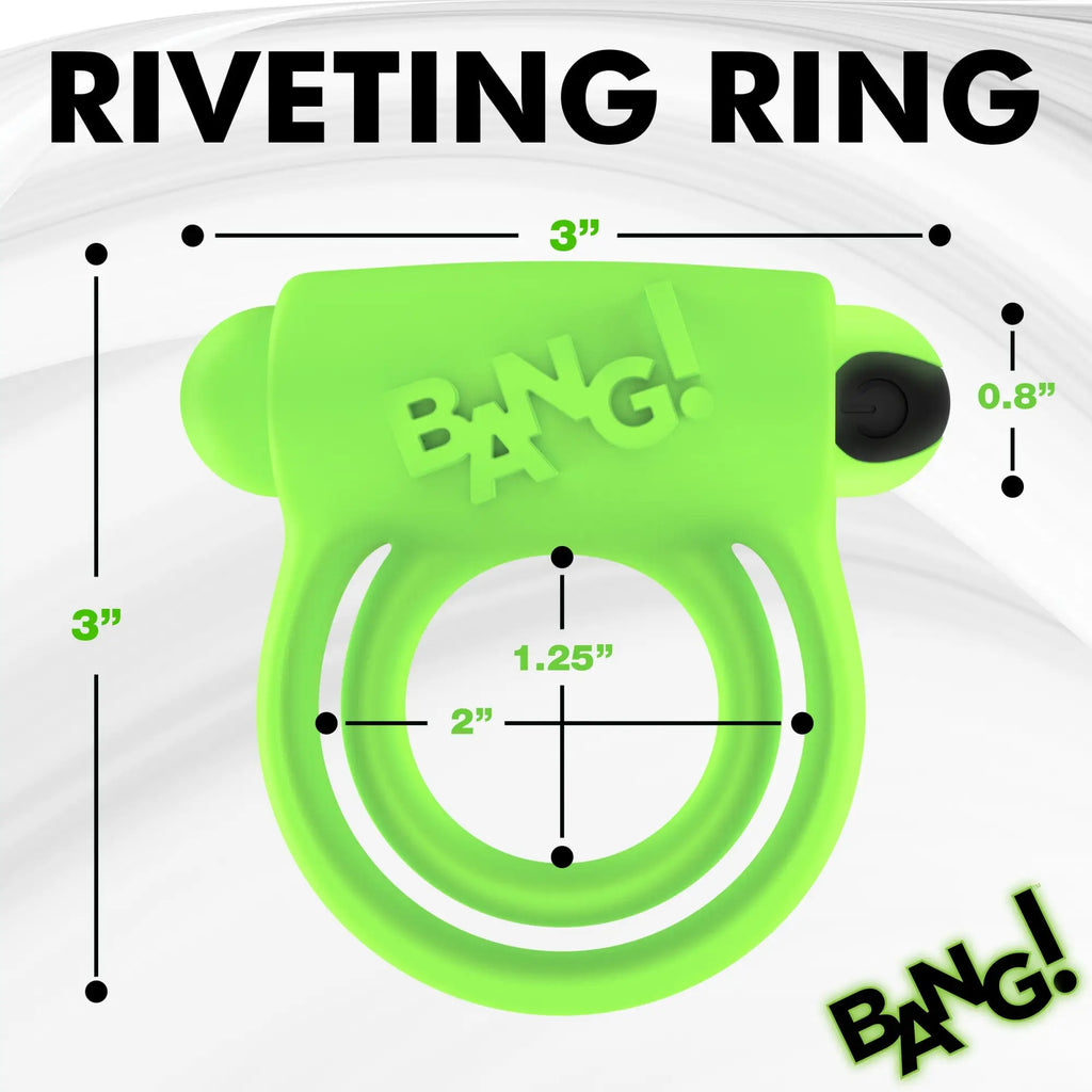 Bright green Bang vibrating cock ring with white dimensional measurements labeled on a white background.