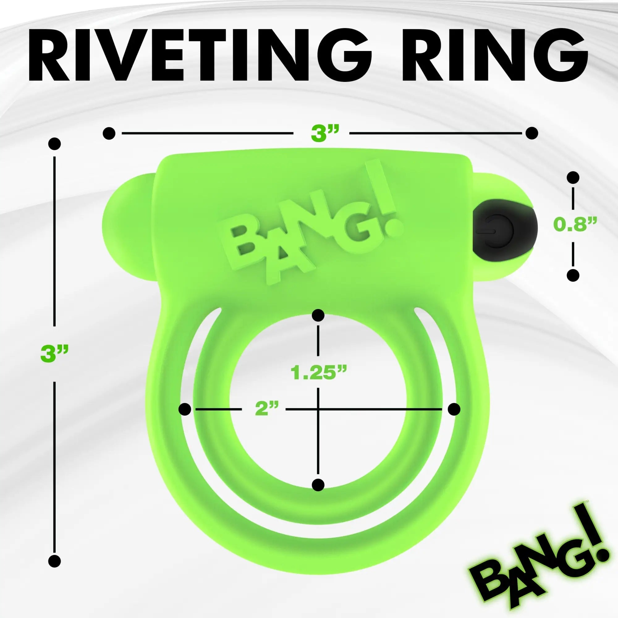 Bright green Bang vibrating cock ring with white dimensional measurements labeled on a white background.