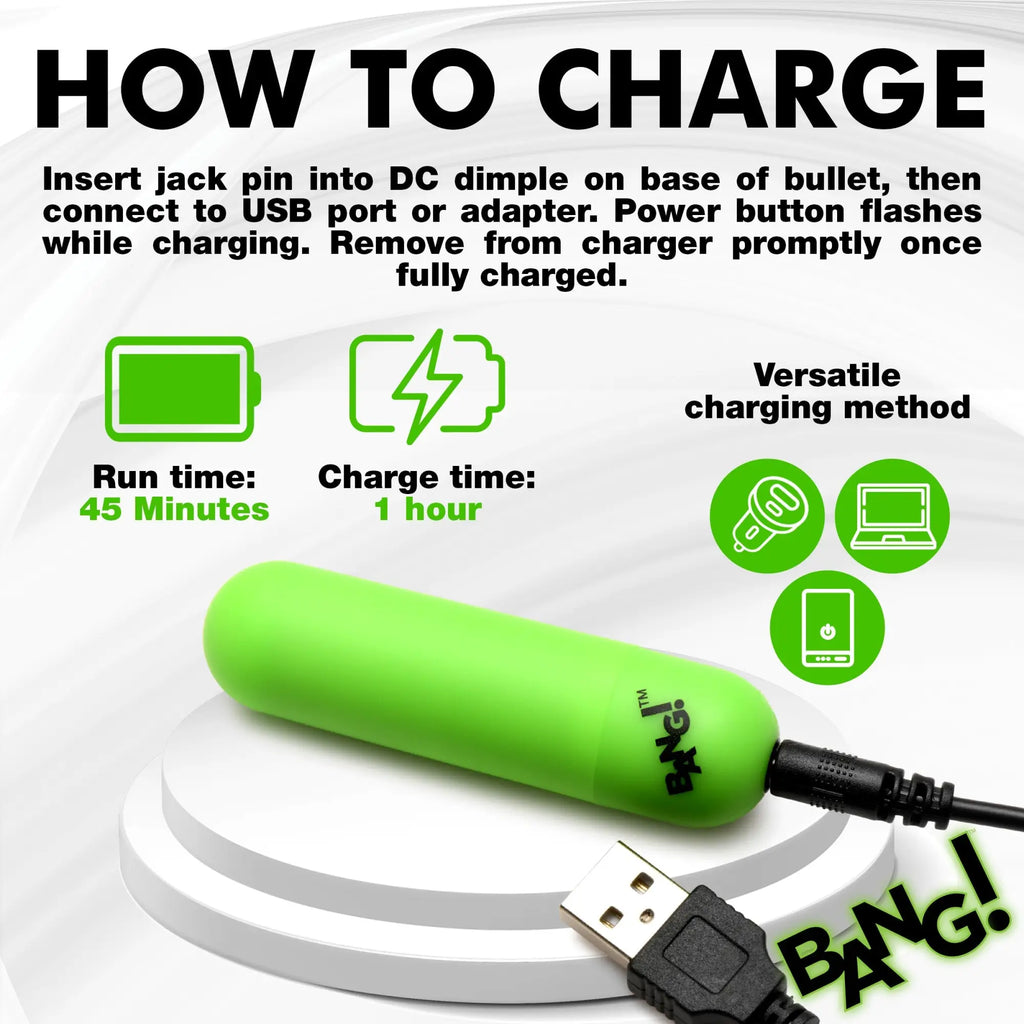 Bang Glow-in-the-Dark Silicone Vibrating Cock Ring showing instructions for charging the lime green bullet attachment.