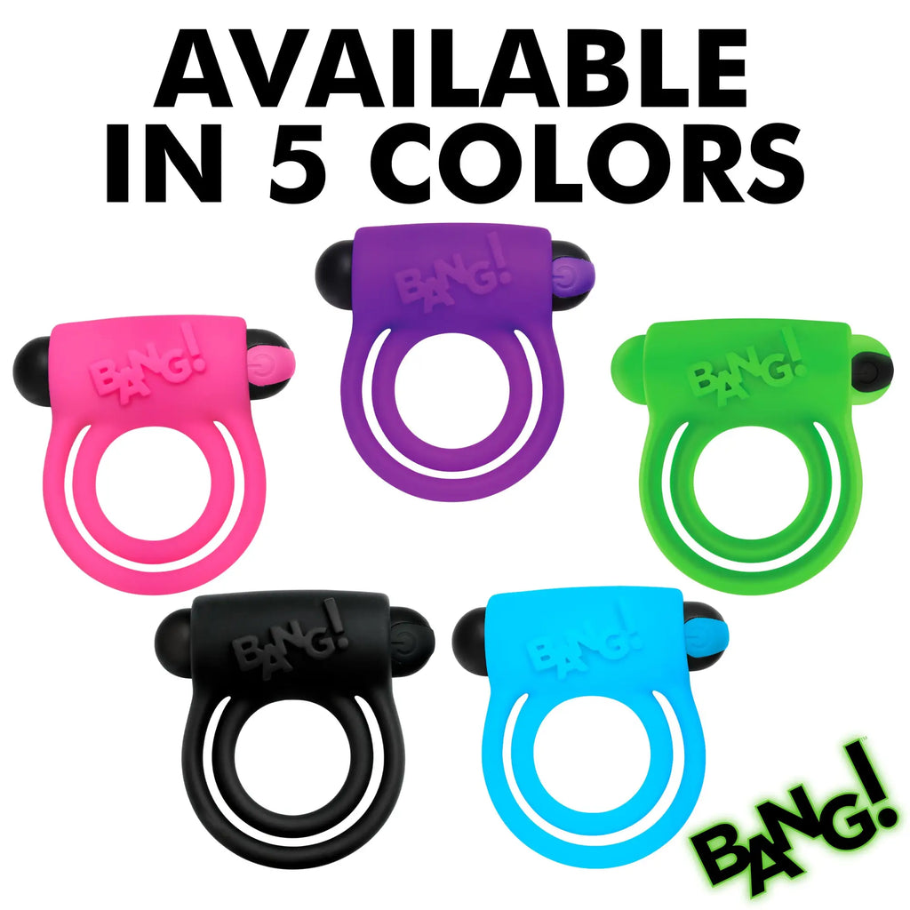 Five Bang Glow-in-the-Dark Silicone Vibrating Cock Rings in pink, purple, green, black, and blue.