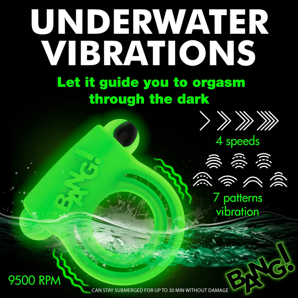 Bang Glow-in-the-Dark Silicone Vibrating Cock Ring in bright neon green, shown underwater with text detailing features.