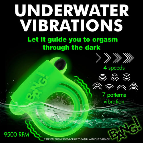 Bang Glow-in-the-Dark Silicone Vibrating Cock Ring in bright neon green, shown underwater with text detailing features.