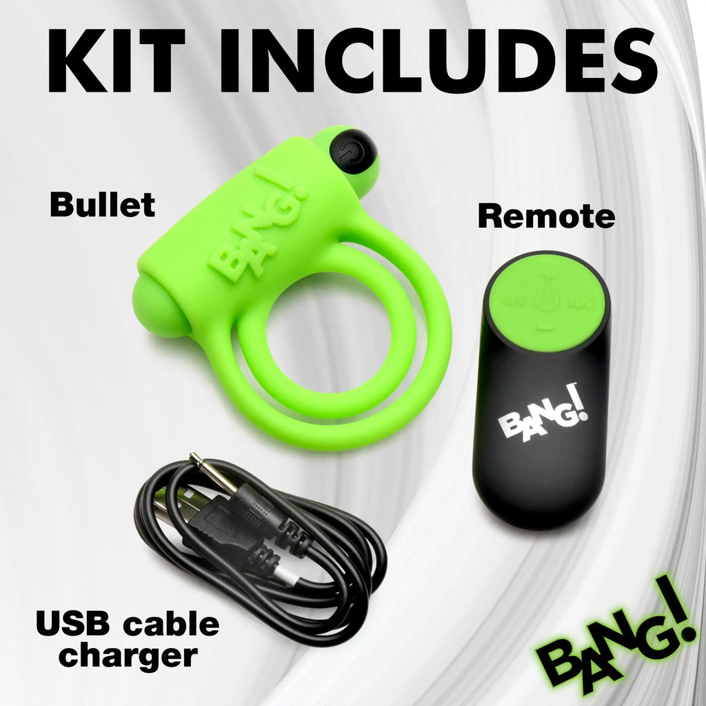 Bang Glow-in-the-Dark vibrating cock ring kit with lime green ring, black/green remote, and USB charging cable.