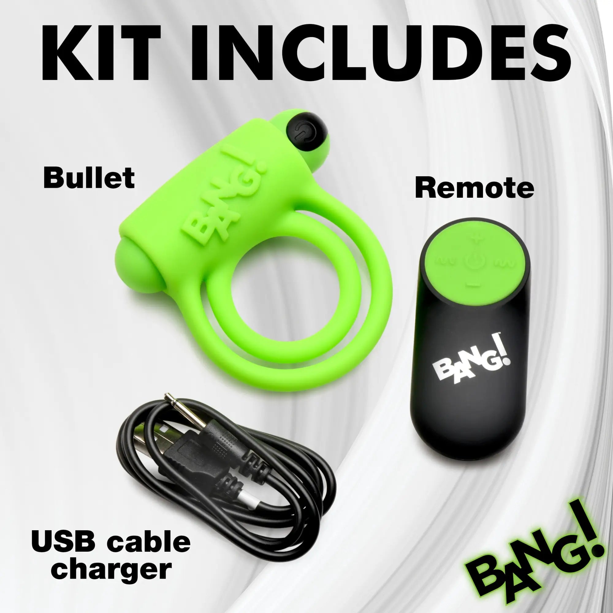 Bang Glow-in-the-Dark vibrating cock ring kit with lime green ring, black/green remote, and USB charging cable.