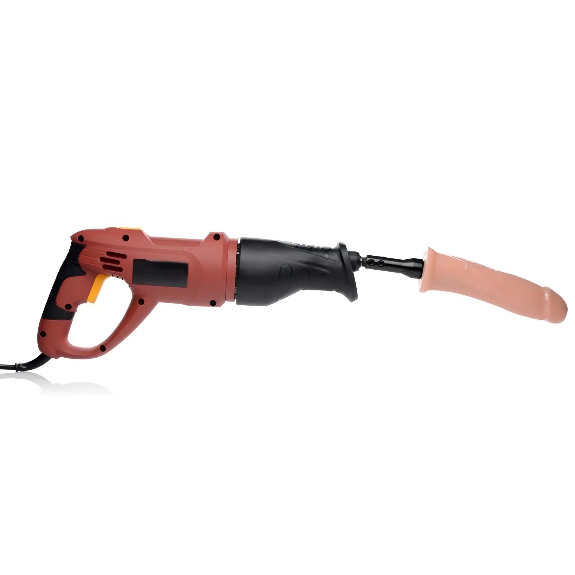 Red and black electric reciprocating saw with flesh toned silicone attachment in bang-a-hole fucking kit